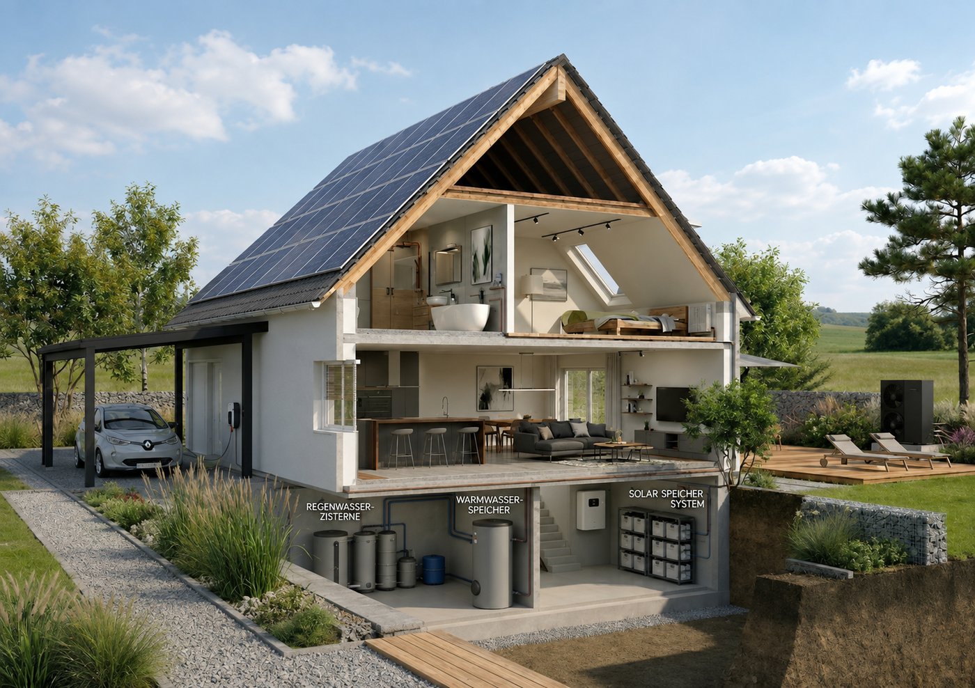 Realistischer 3D-Gebäudeschnitt eines energetisch sanierten Einfamilienhauses
